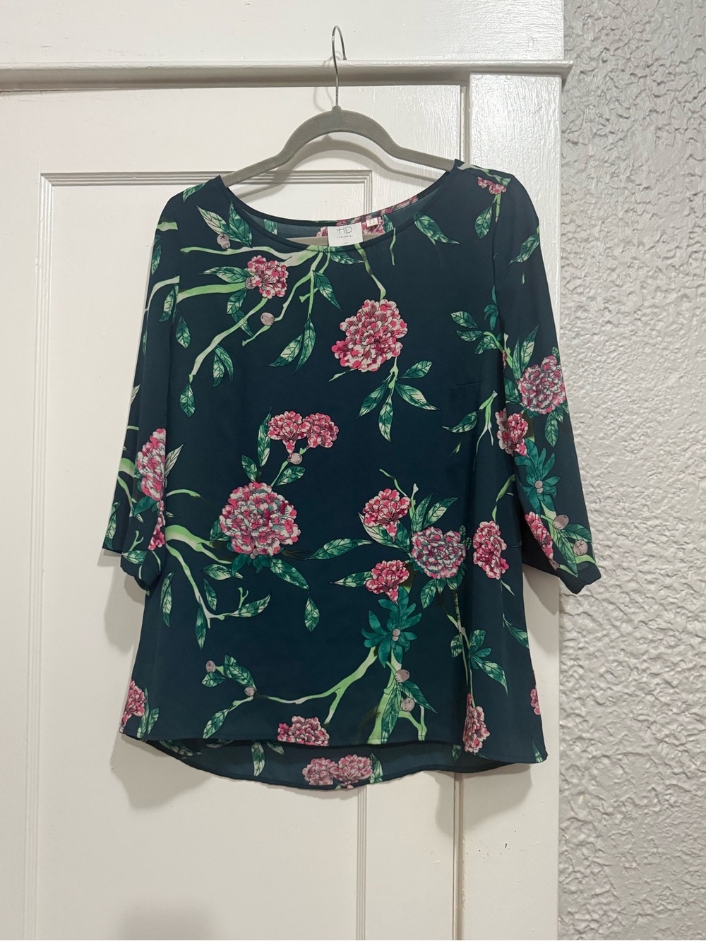 Anthropologie Dark Teal Floral Blouse with Pink Blooms